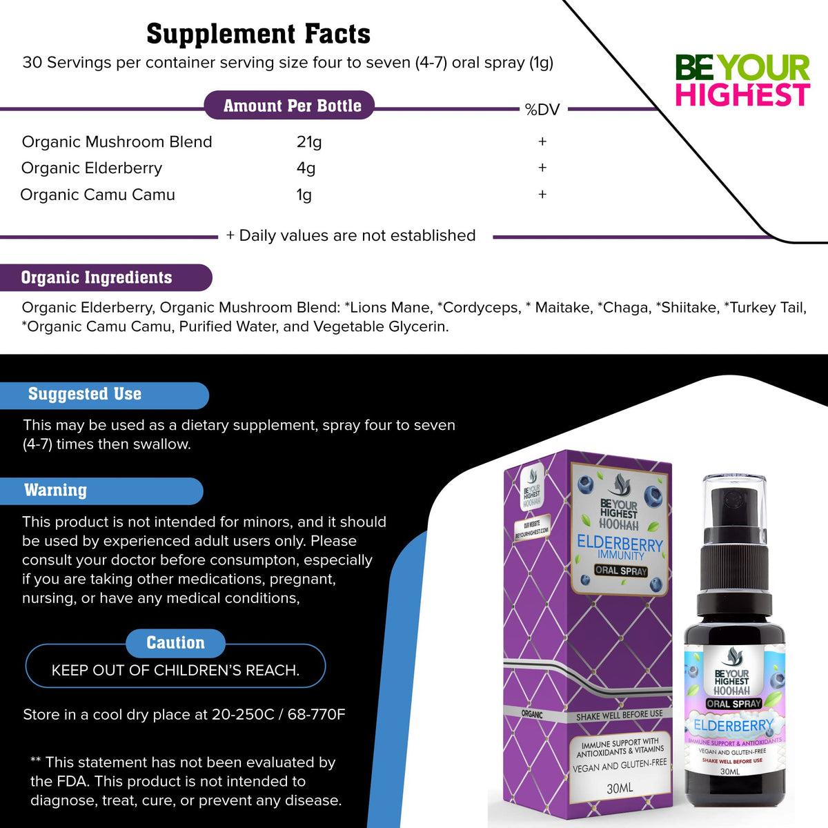 Be Your Highest Organic Elderberry Mushroom Oral Spray - 1 Fl Oz - image 5