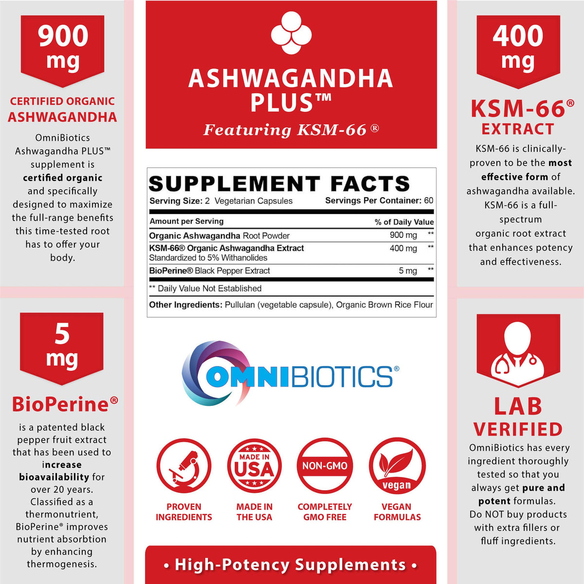 OmniBiotics Organic Ashwagandha 1300mg Stress Relief - 120 Capsules - image 2