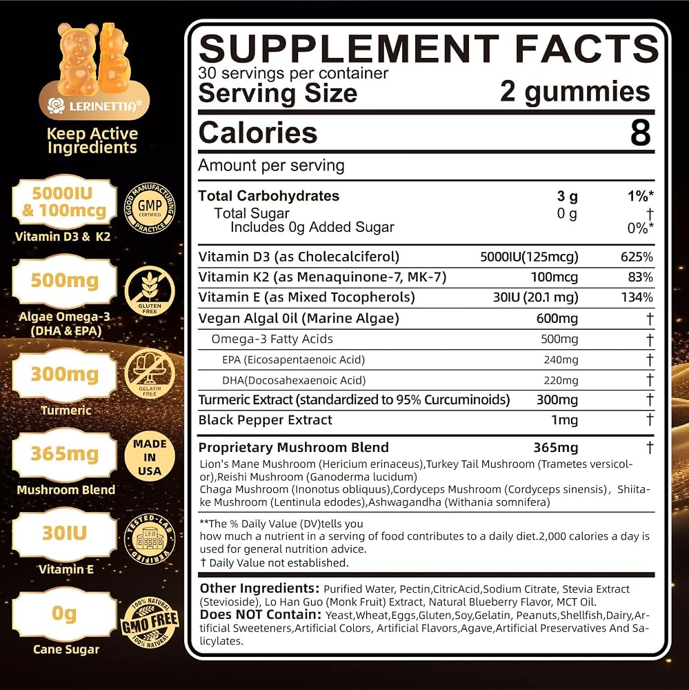 Lerinettia Vitamin D3 5000 IU + K2 Gummies - 60 Count - image 3