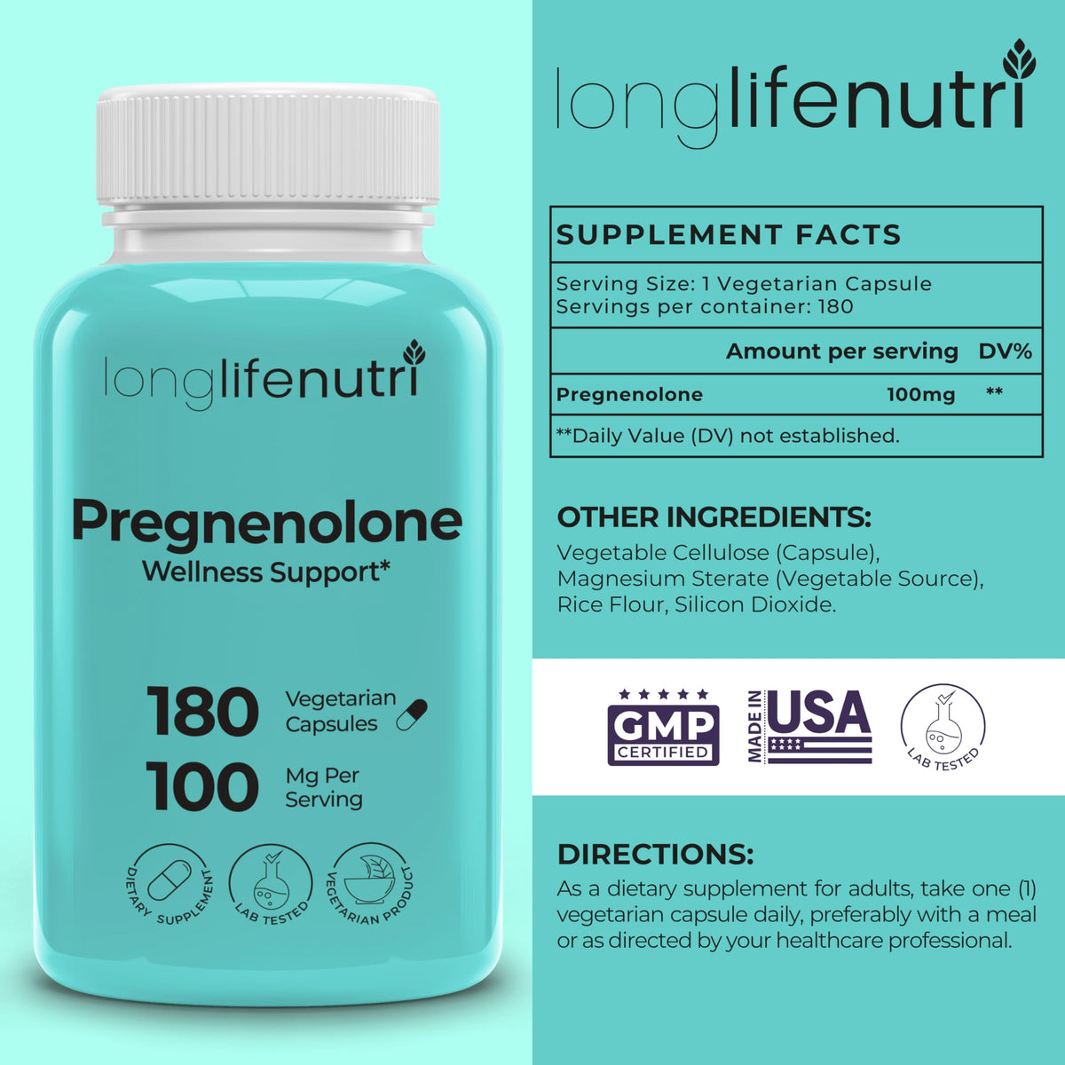 LongLifeNutri Pregnenolone 100mg Brain & Hormone Support - image 2