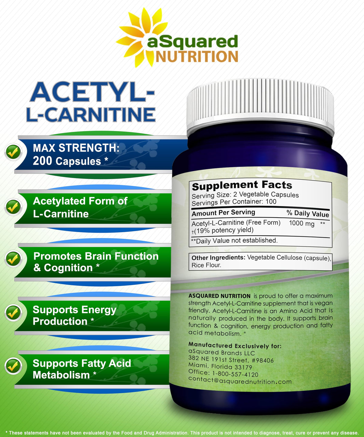 aSquared Nutrition Acetyl L-Carnitine 1000mg - 200 Capsules - image 6