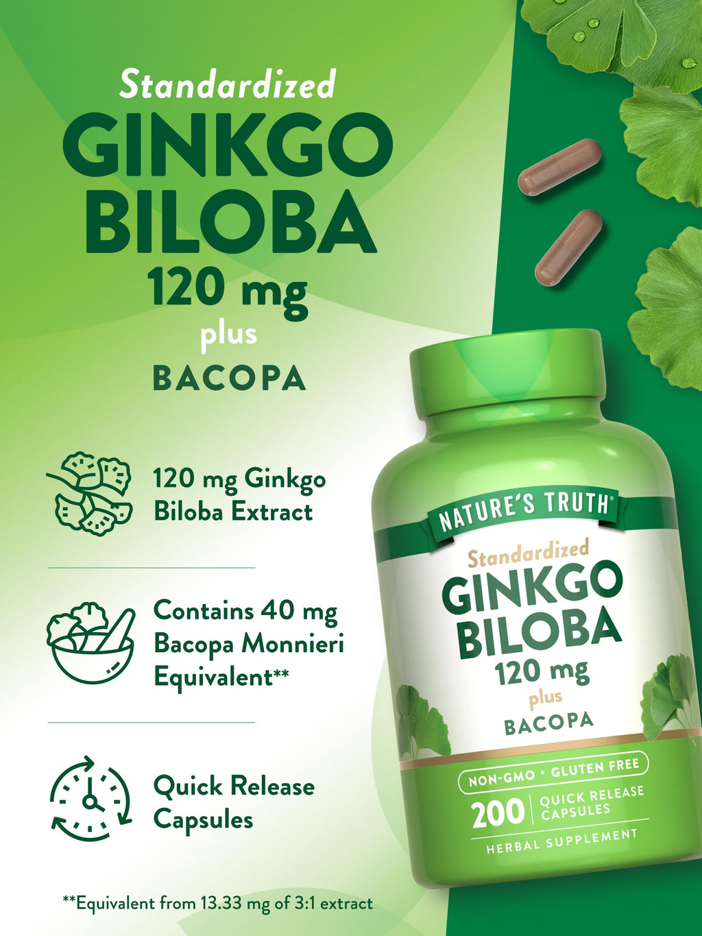 Nature's Truth Ginkgo Biloba 120mg Plus Bacopa - 200 Capsules - image 5