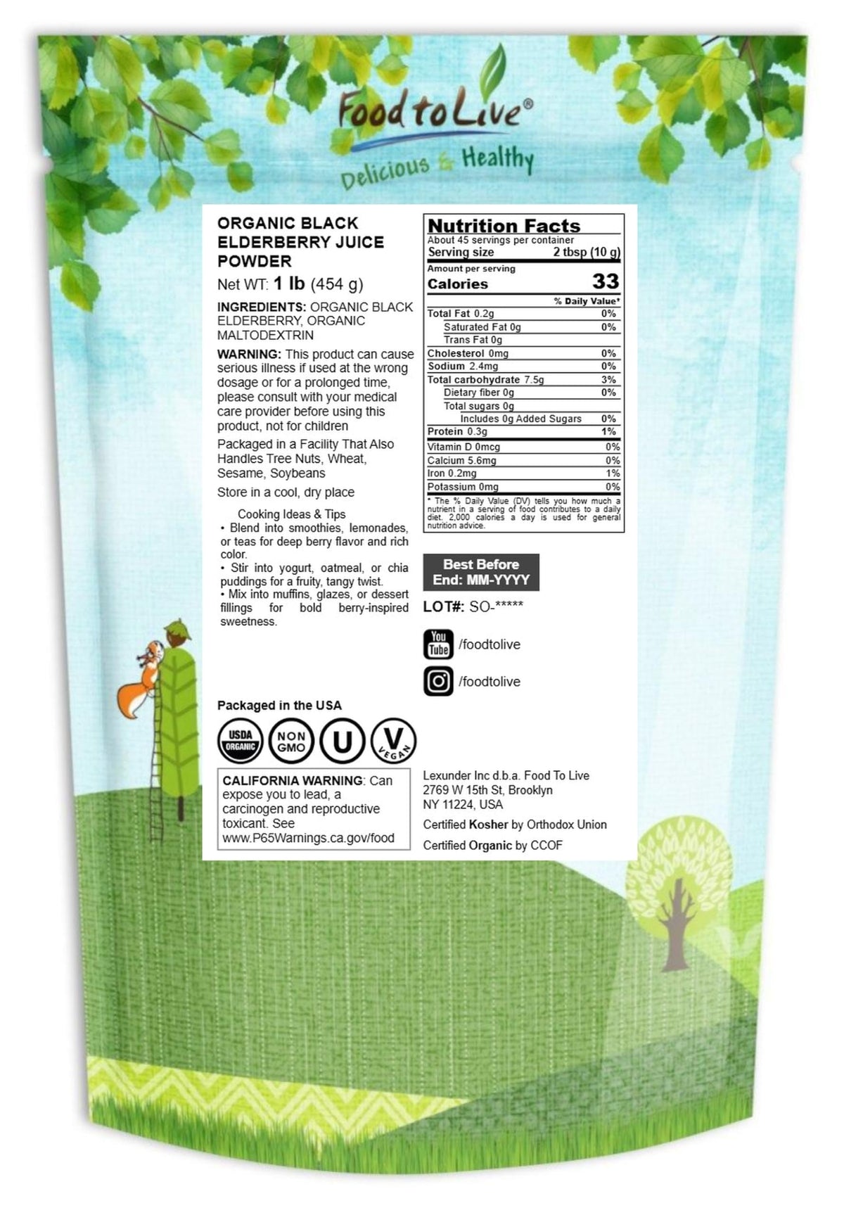 Food to Live Organic Black Elderberry Juice Powder