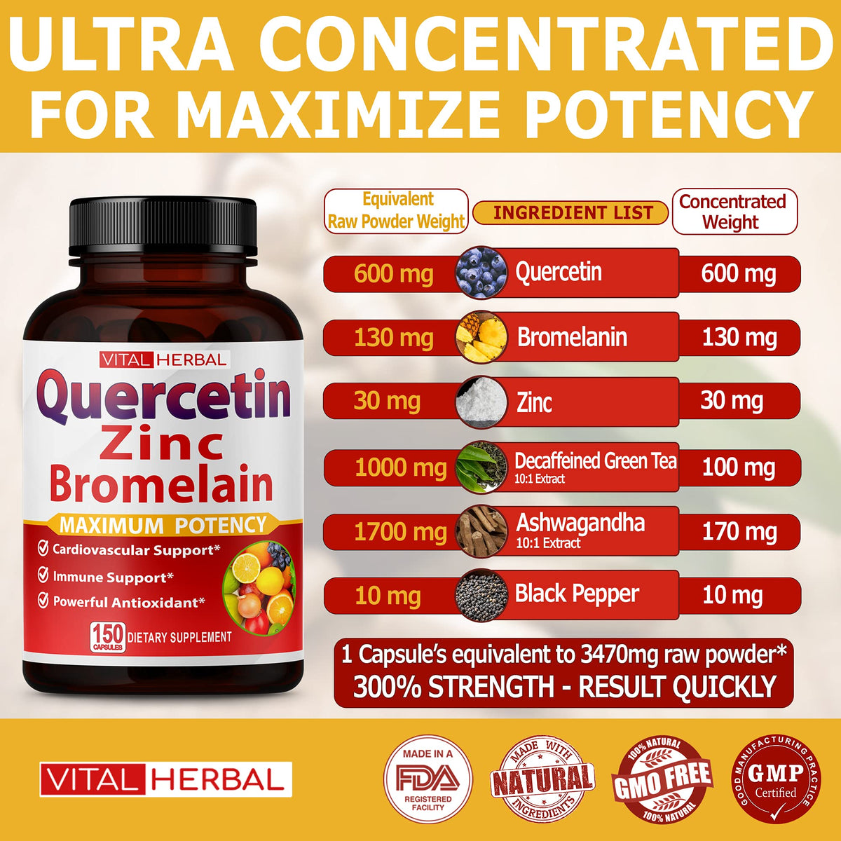 Vital Herbal Quercetin Complex with Zinc & Bromelain - 150 Capsules - image 2