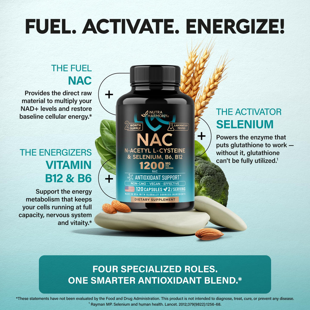 NUTRAHARMONY NAC 1200 mg with Selenium, B6 & B12 - 120 Capsules - image 4