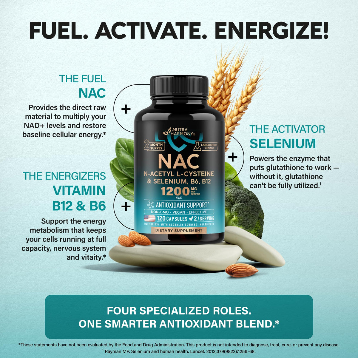 NUTRAHARMONY NAC 1200 mg with Selenium, B6 & B12 - 120 Capsules - image 4