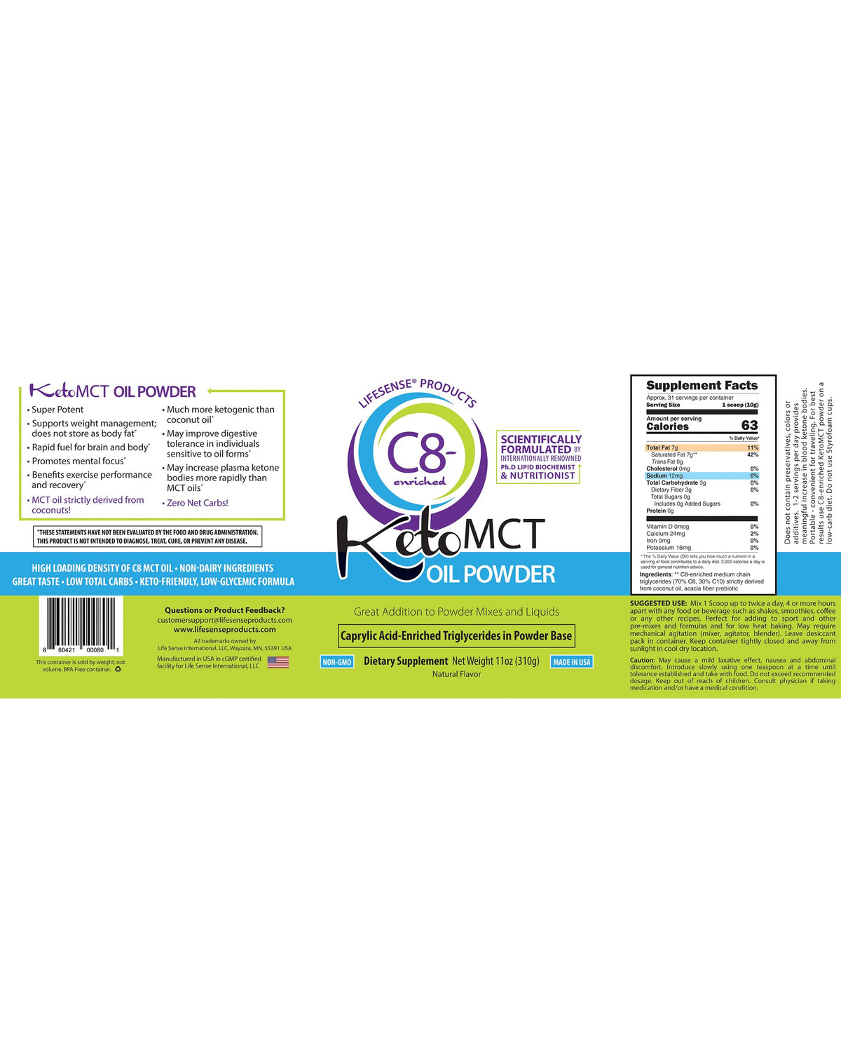 LifeSense C8 MCT Oil Powder Unflavored - 11 Ounce - image 2