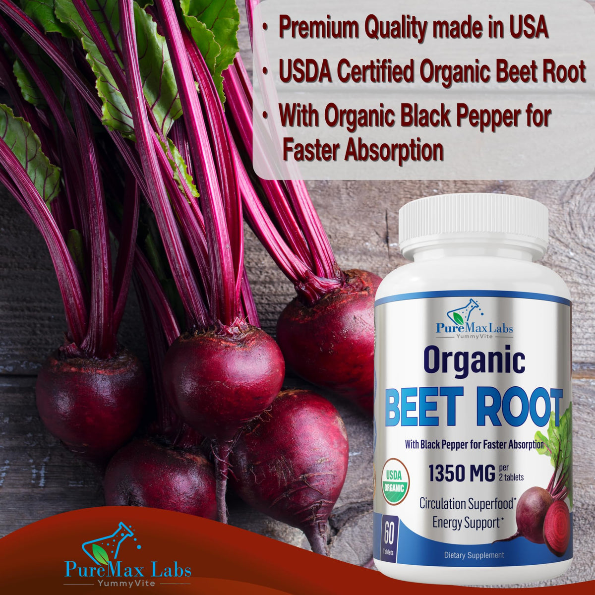 YUMMYVITE Organic Beet Root Powder 1350mg - 60 Tablets - image 3