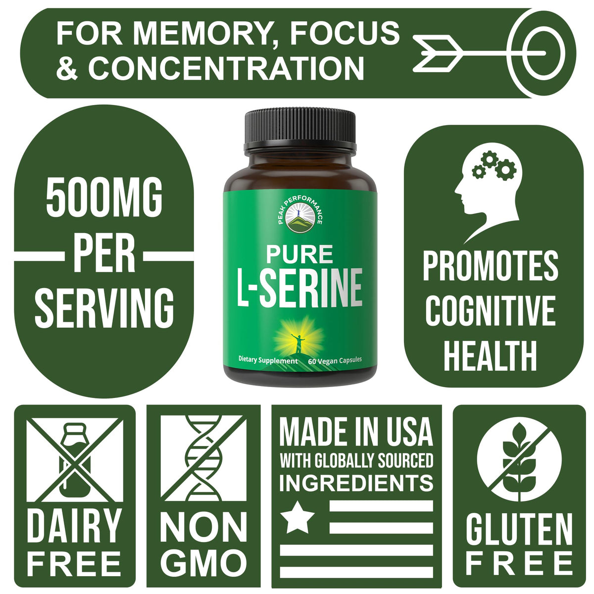 Peak Performance L-Serine 500mg Capsules Brain Support - 60 Capsules - image 3
