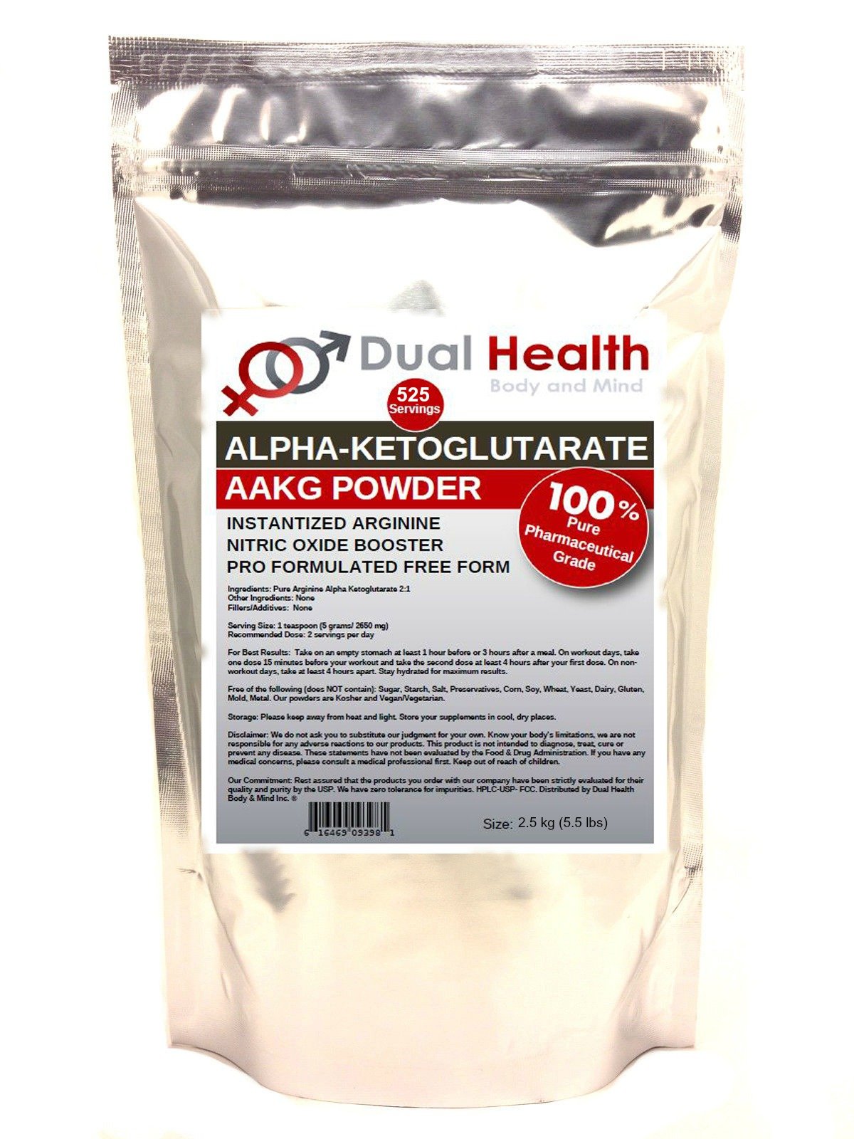 Dual Health Body & Mind Pure AAKG L-Arginine Alpha-Ketoglutarate Powder - 2.5kg