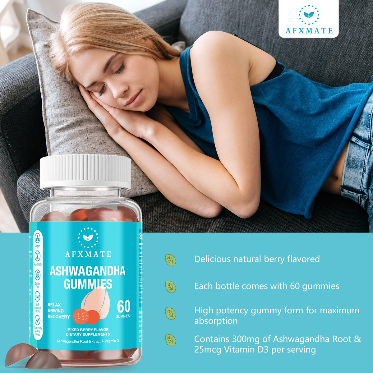 AFXMATE Ashwagandha Gummies with Vitamin D3 - 120 Gummies - image 8