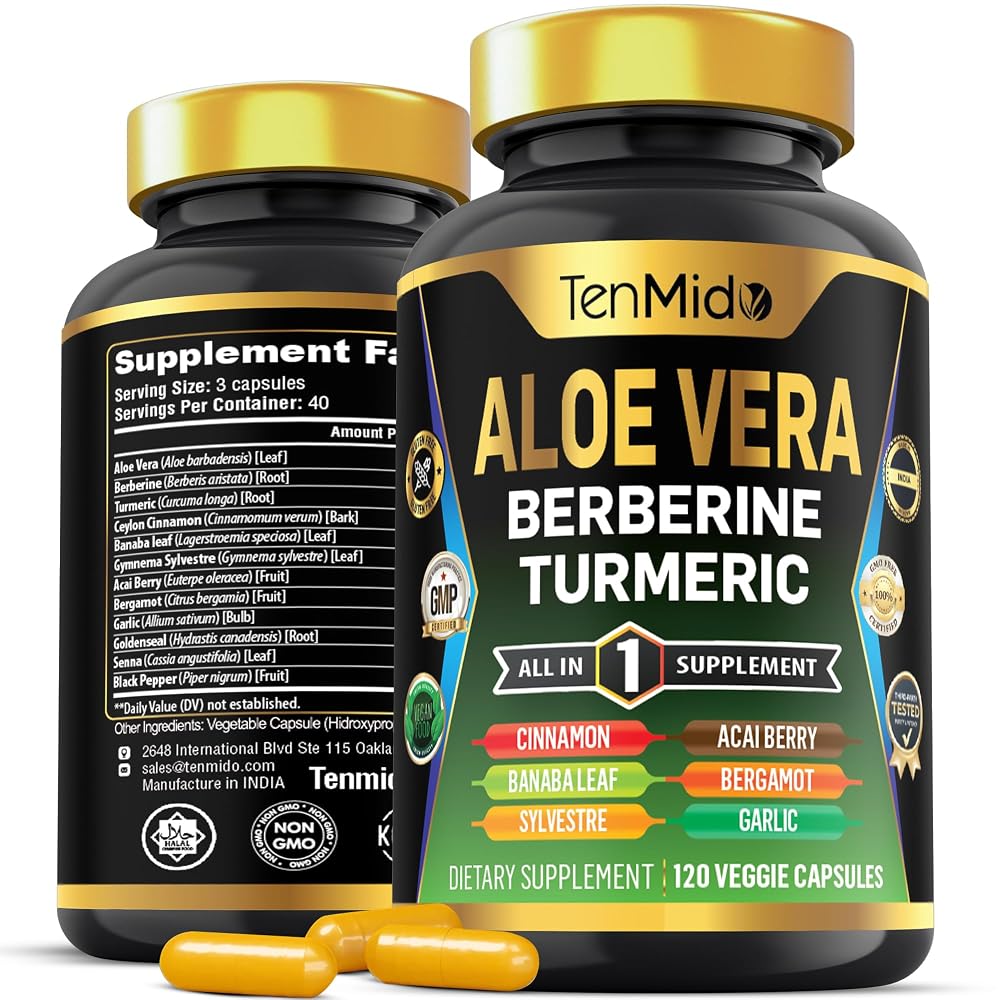 Tenmido Aloe Vera Capsules 12-in-1 Herbal Supplement - 120 Capsules