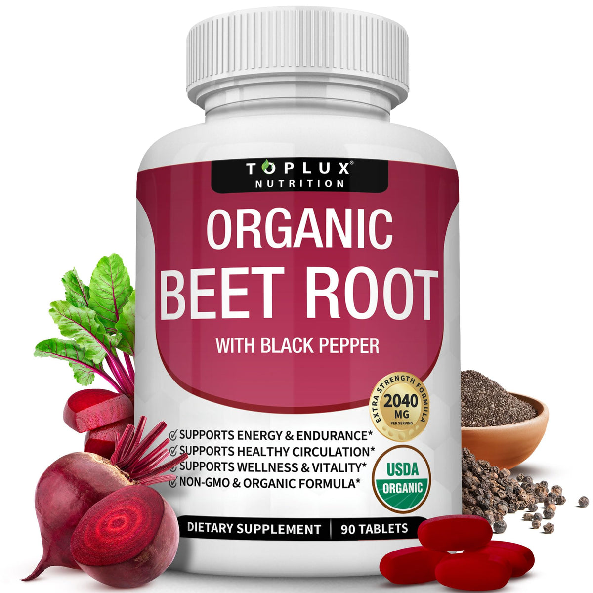 Toplux Organic Beet Root Powder Tablets 2040mg - 90 Tablets