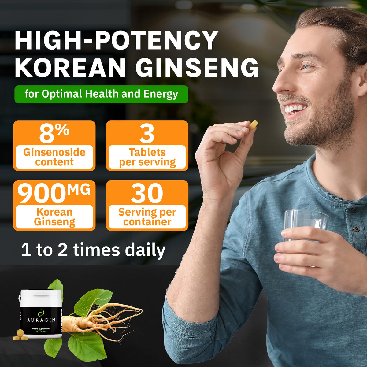 Auragin Authentic Korean Red Ginseng 6 Year Roots - 90 Tablets - image 3