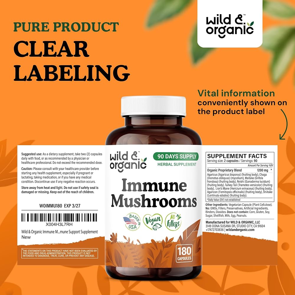 Wild & Organic Immune Mushroom Blend Capsules - 8 Mushroom Complex