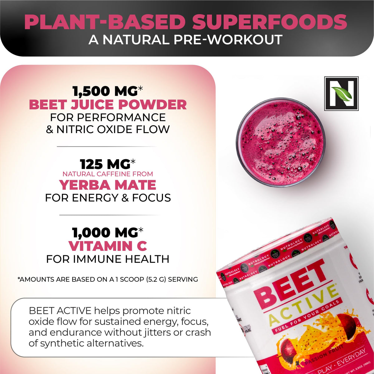 Nutrology Beet Active Pre Workout Powder Passion Fruit - 30 Servings - image 5