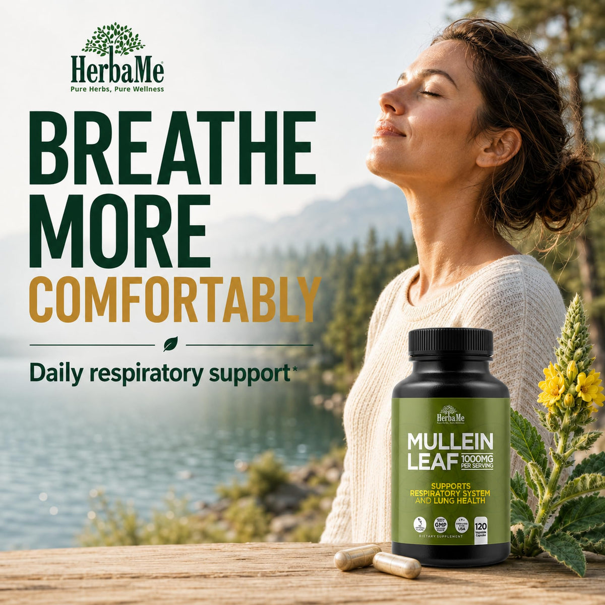 HerbaMe Mullein Leaf 1000mg Lung Support - 120 Capsules - image 3
