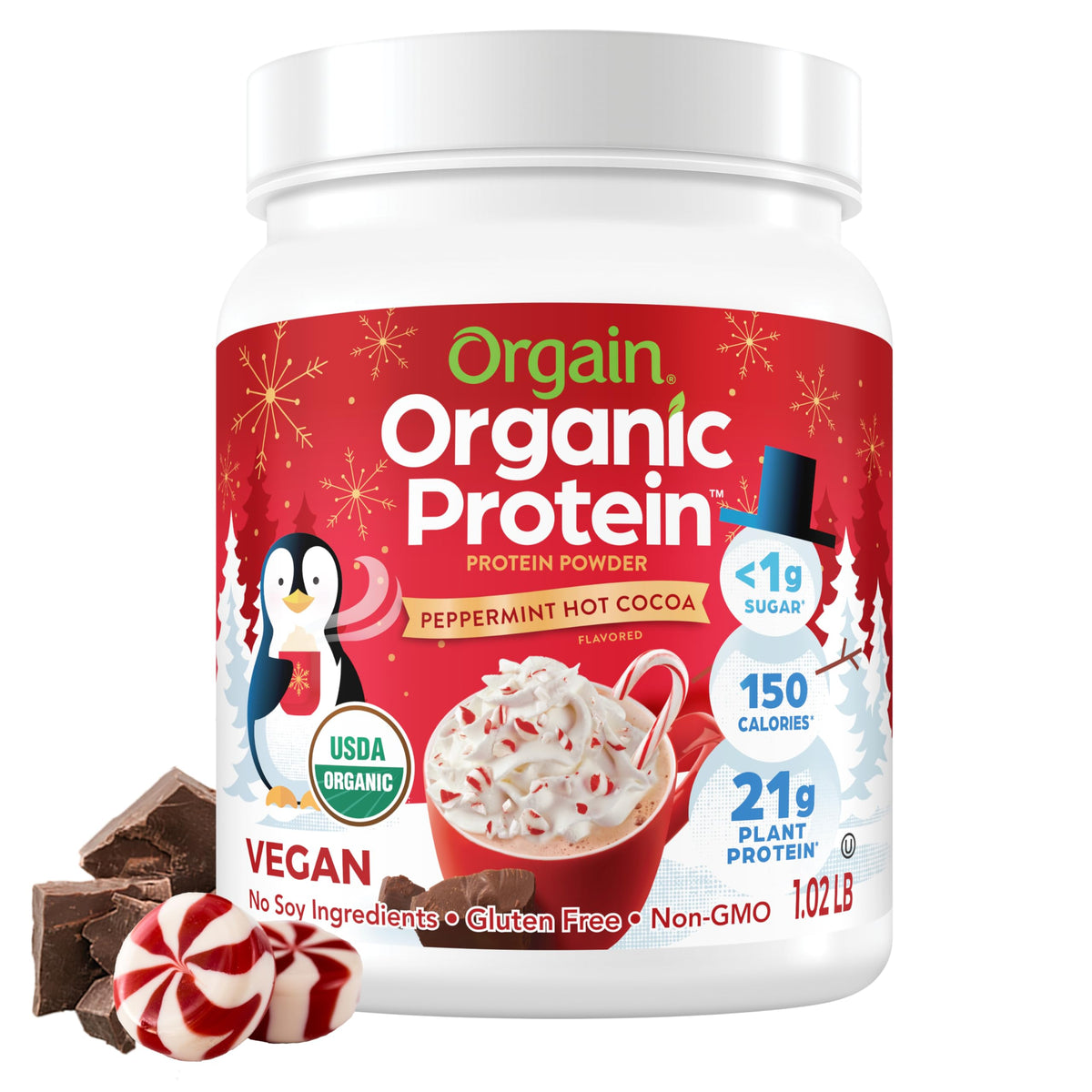 Orgain Organic Vegan 21g Protein Powder, Peppermint Hot Cocoa, 1.02 lb