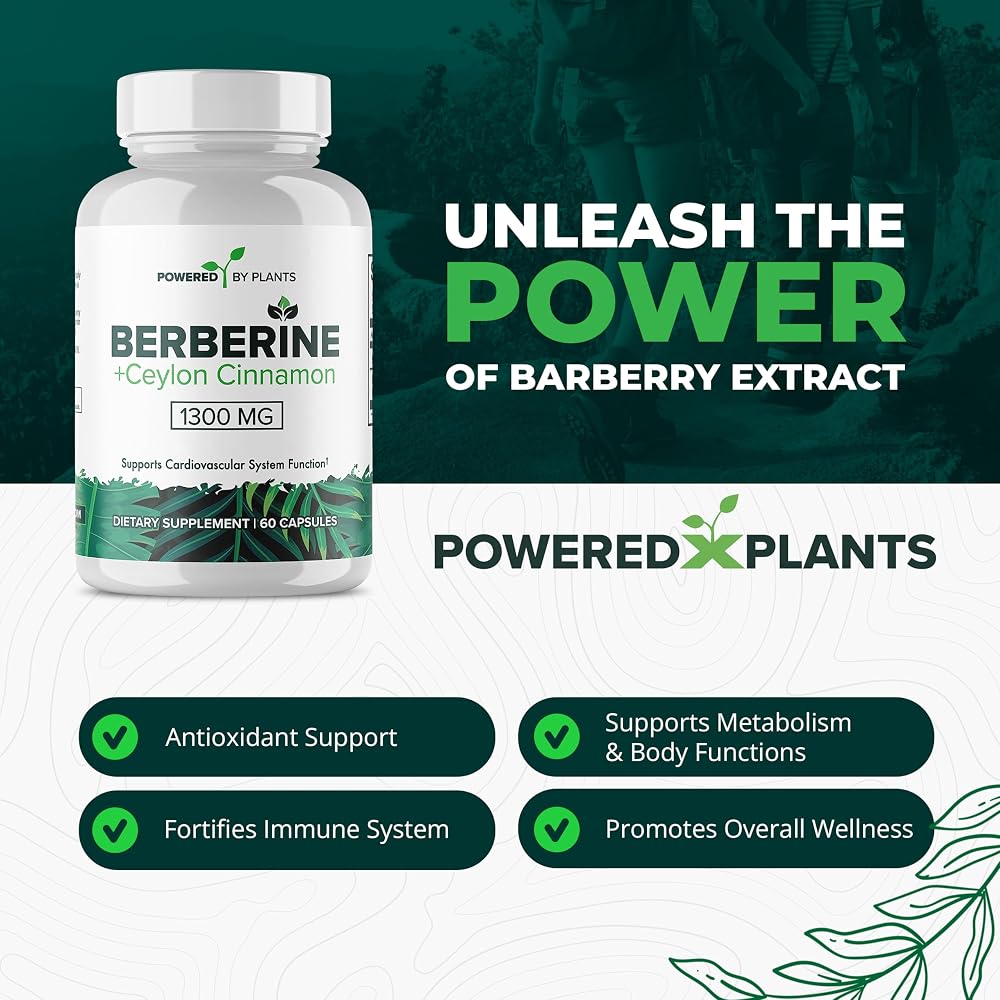 POWERED X PLANTS Pure Berberine Supplement - 1300mg Berberine