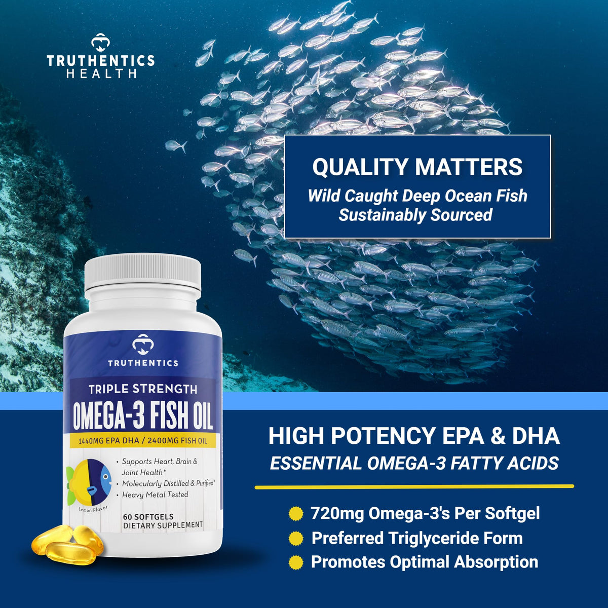 TRUTHENTICS Omega 3 Fish Oil 2400 mg - 60 Softgels - image 3