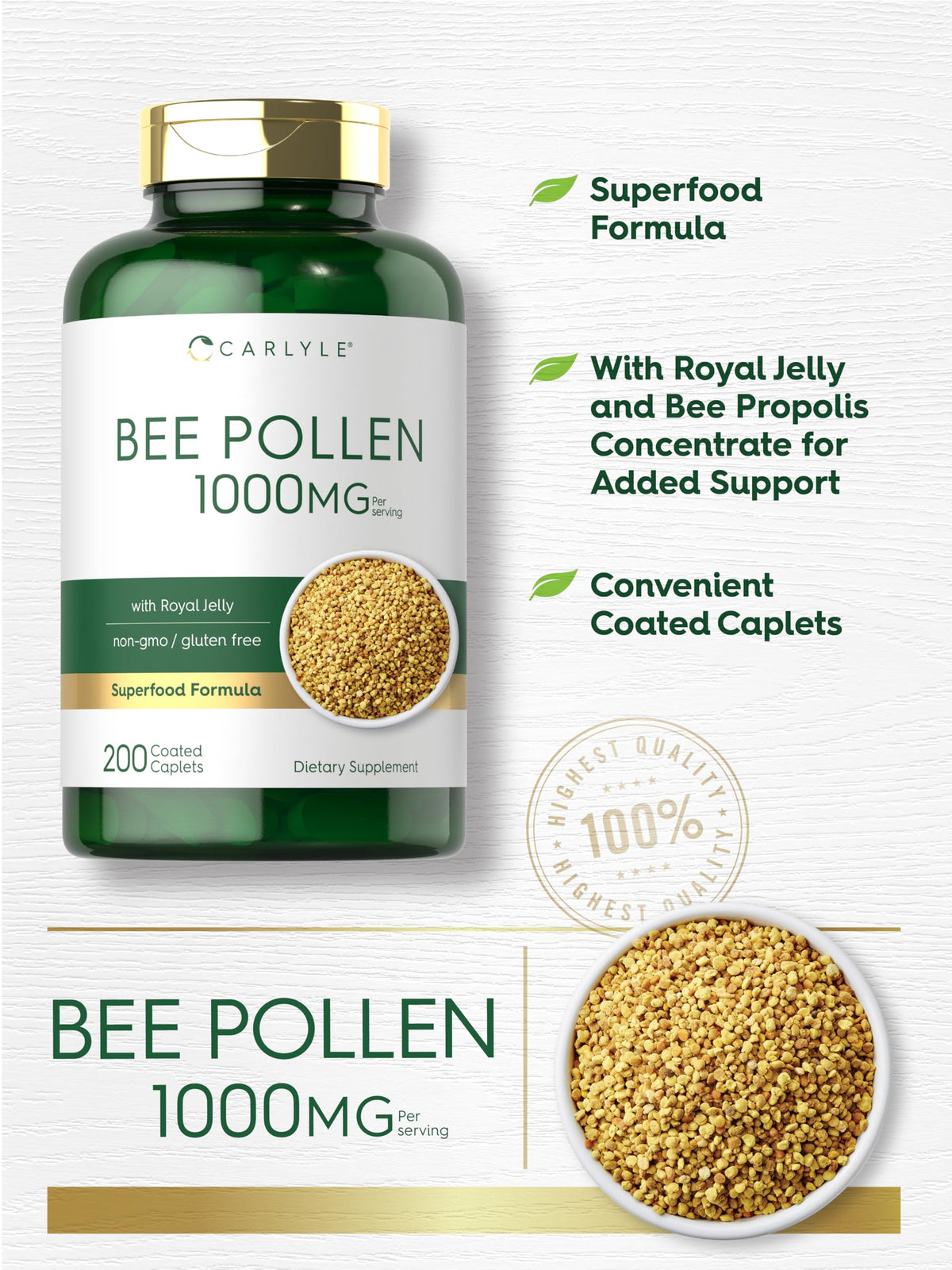 Carlyle Bee Pollen Supplement 1000mg - 200 Caplets - image 4