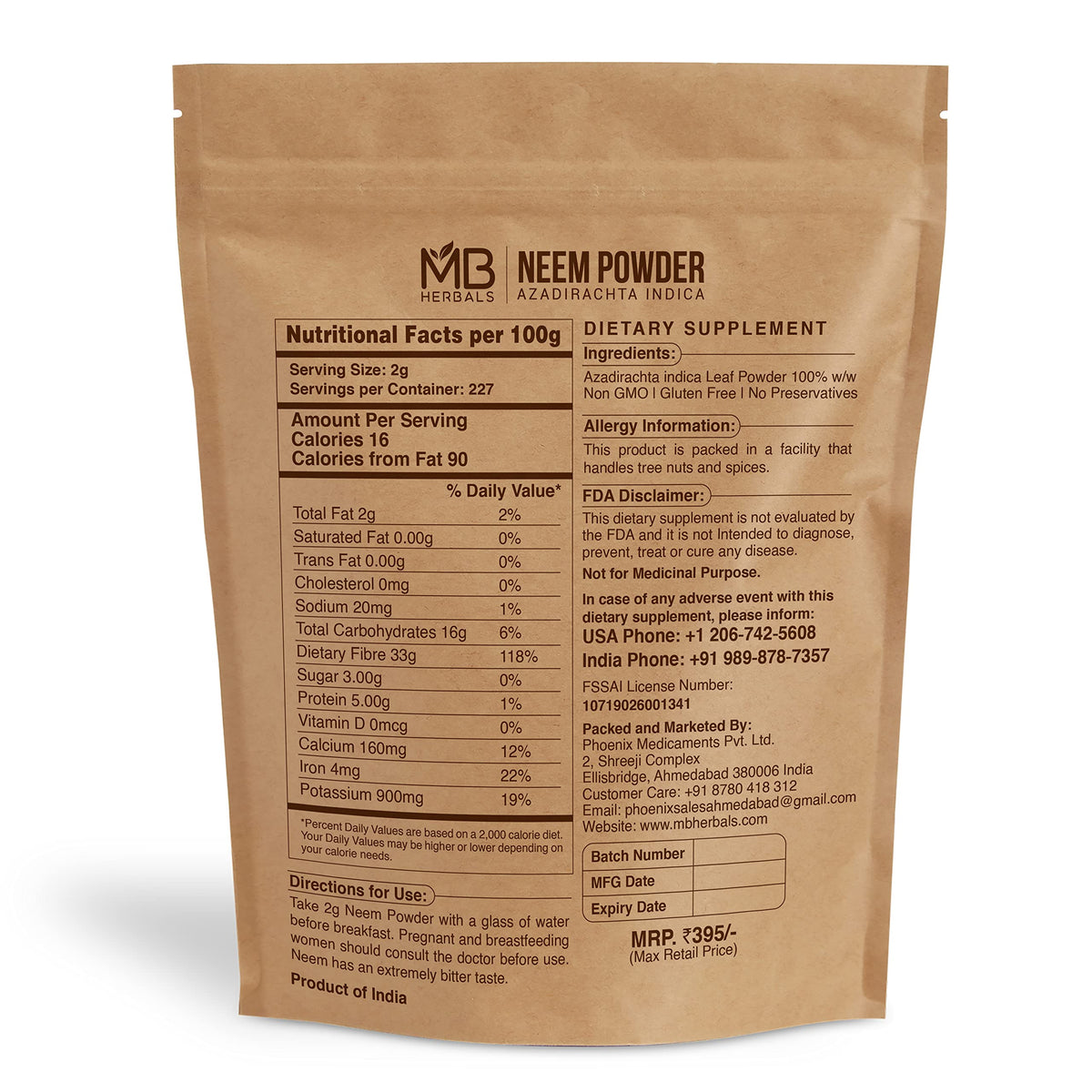 MB Herbals Pure Neem Powder for Skin and Hair Care - 454g - image 2