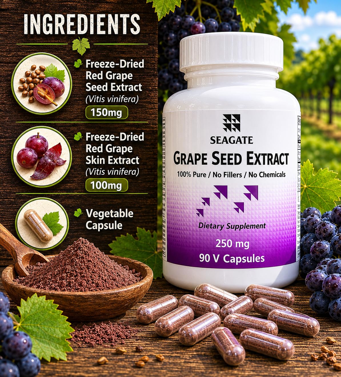 Seagate Grape Seed Extract 250mg Antioxidant - 90 Vegetarian Capsules - image 2