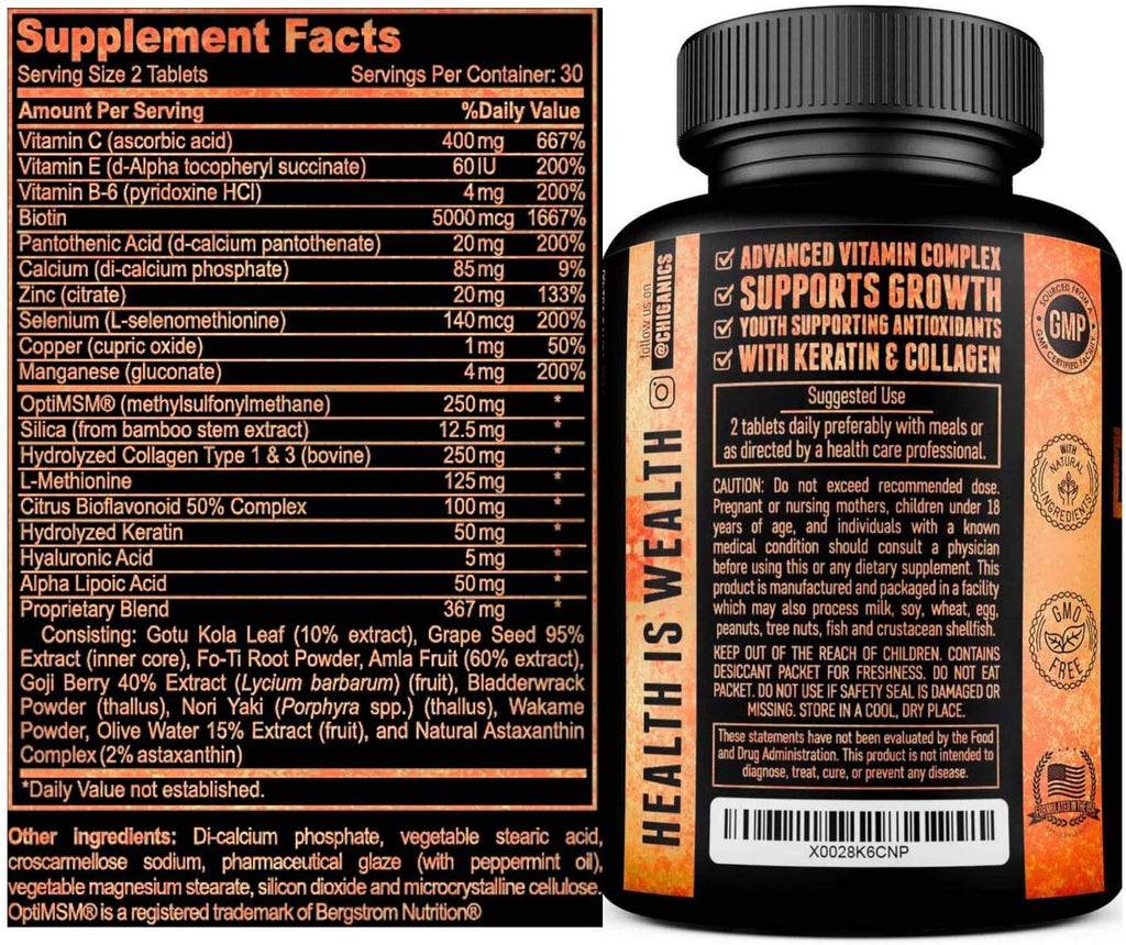 Chiganics Hair Skin and Nail Growth Vitamins with Biotin 5000mcg - 60 Tablets - image 7