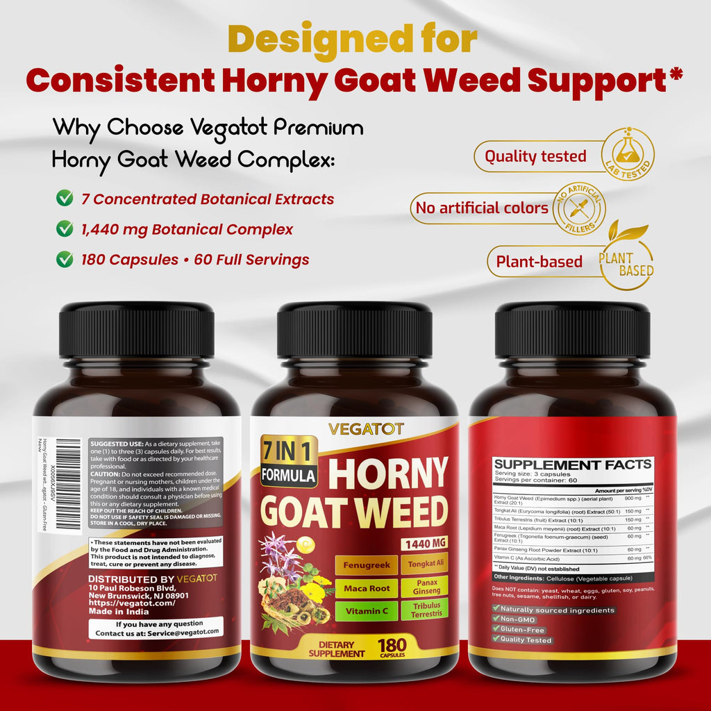 VEGATOT Horny Goat Weed 1440 mg Vitality Support - 180 Capsules - image 9
