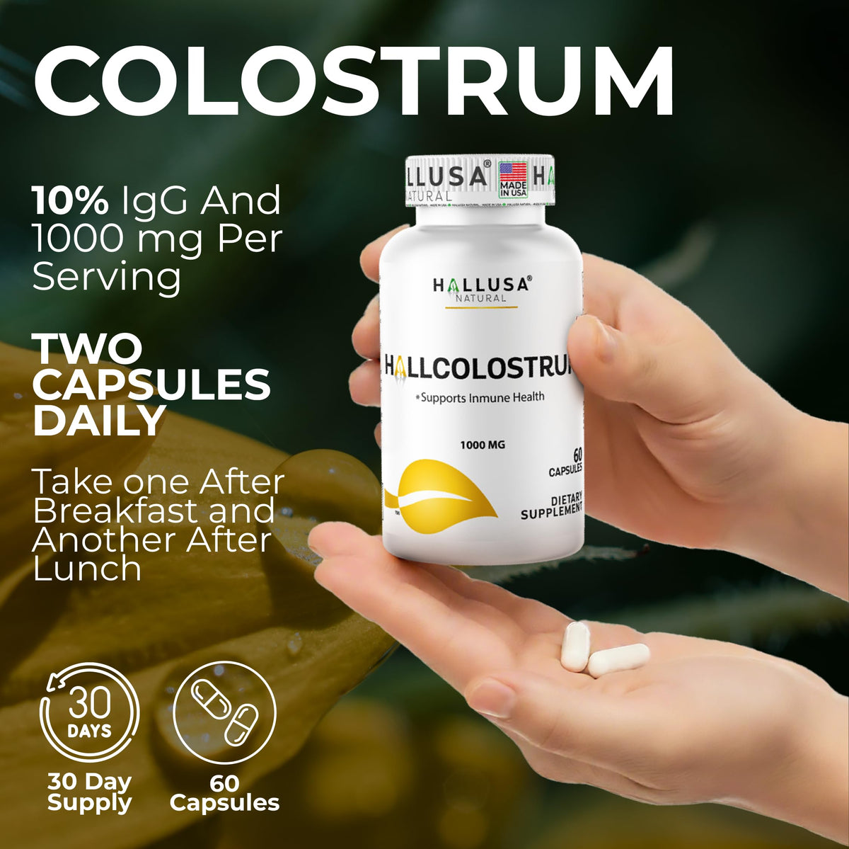 Hallusa Natural Bovine Colostrum 1000mg Immune Support - 60 Capsules - image 4