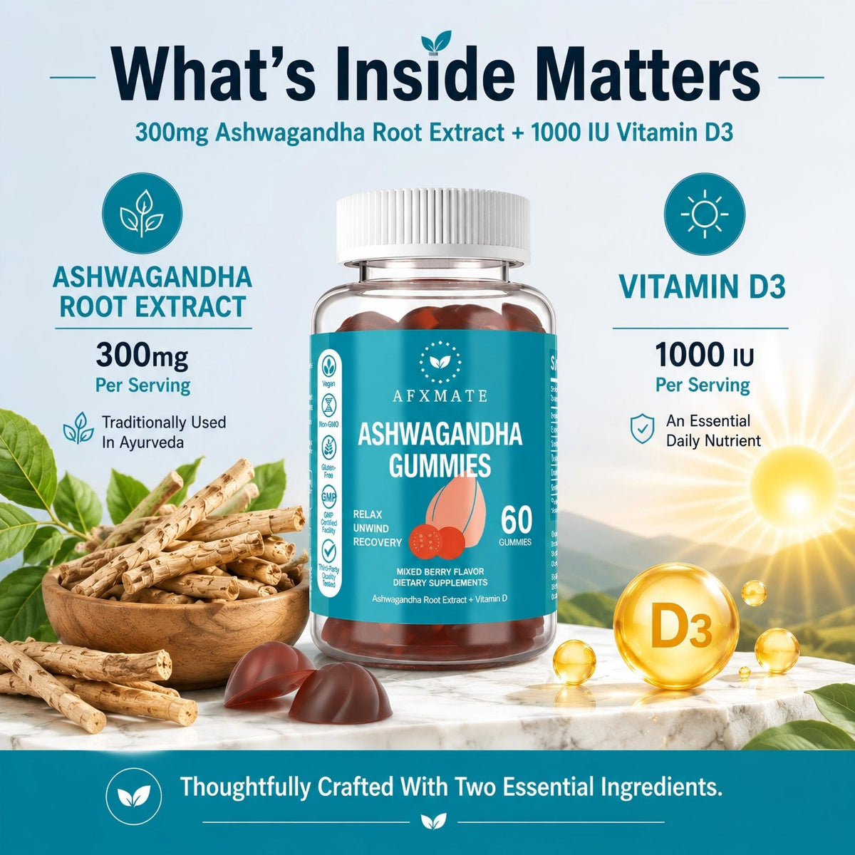 AFXMATE Ashwagandha Gummies with Vitamin D3 - 120 Gummies - image 3