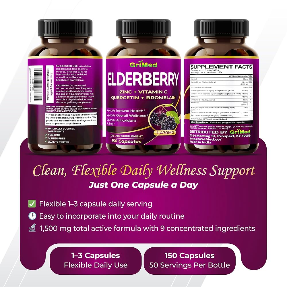GriMed Elderberry Complex 1,470 mg with Quercetin & Zinc - 150 Capsules - image 9