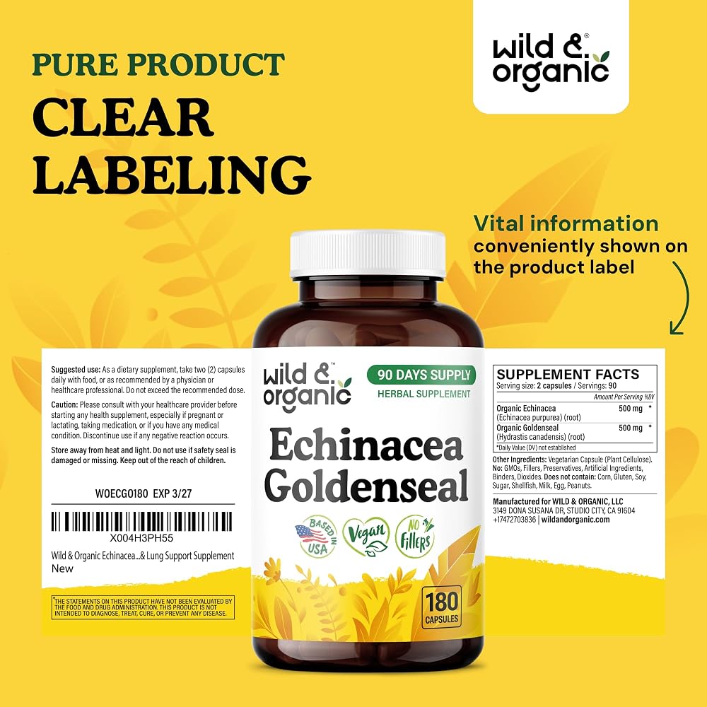 Wild & Organic Echinacea Goldenseal Capsules Immune Support - 180 Count - image 7