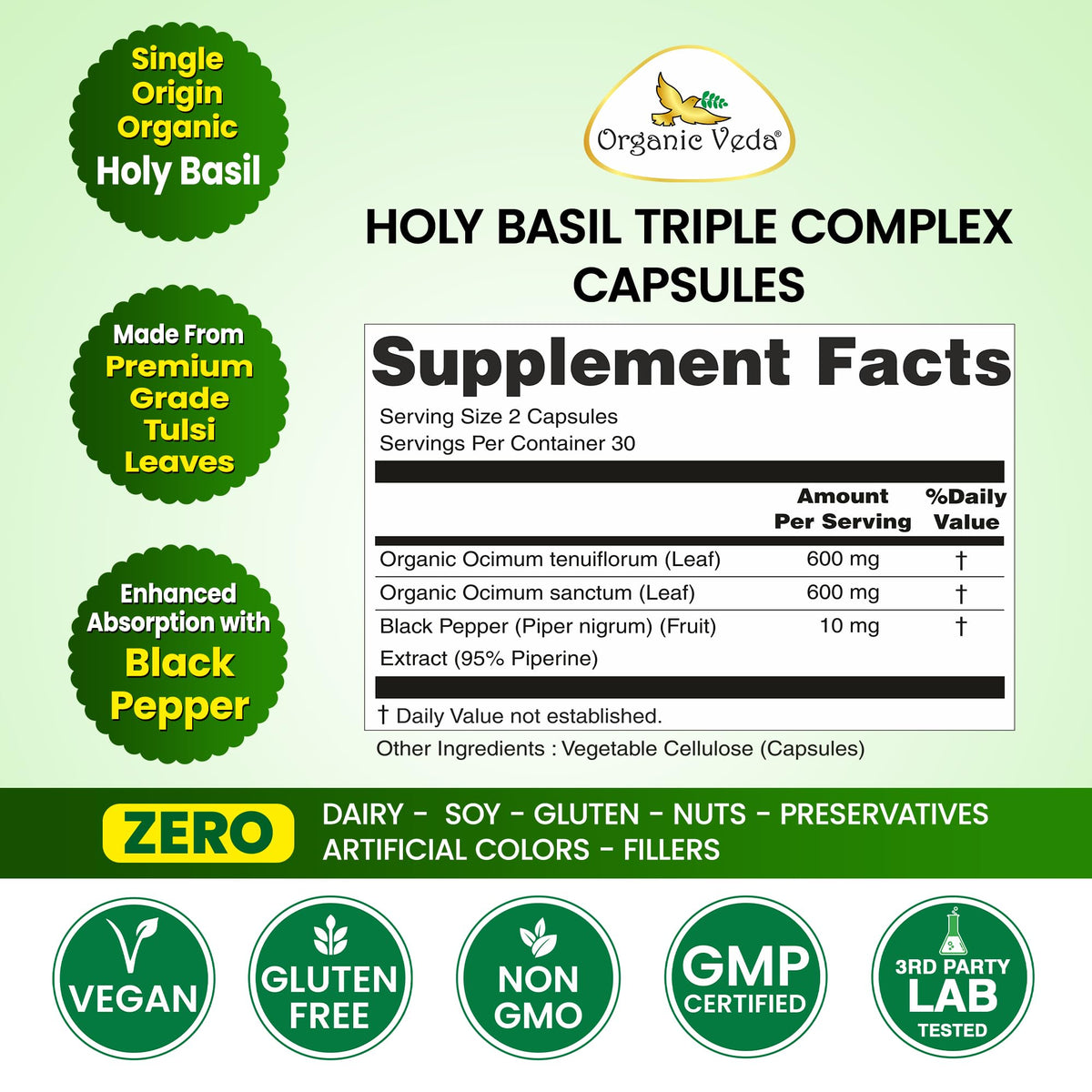 Organic Veda Holy Basil Capsules with Black Pepper - 60 Vegan Capsules - image 2