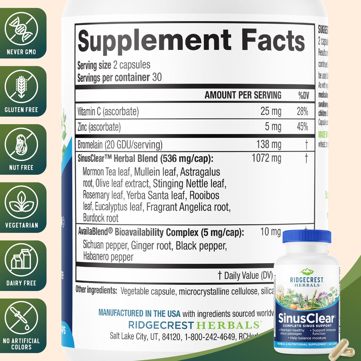 RidgeCrest Herbals SinusClear Mullein Sinus Support - 60 Capsules - image 3