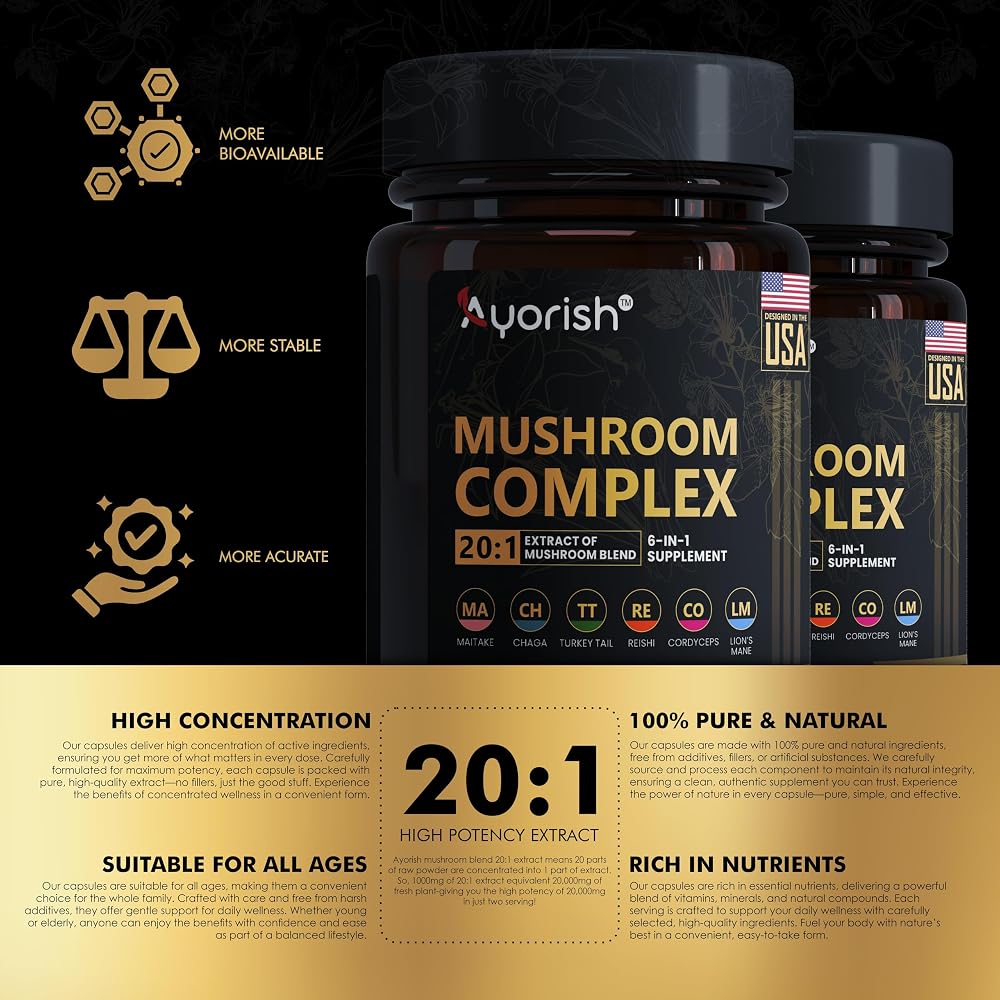 Ayorish Lions Mane 6 in 1 Mushroom Supplement - 120 Capsules - image 4