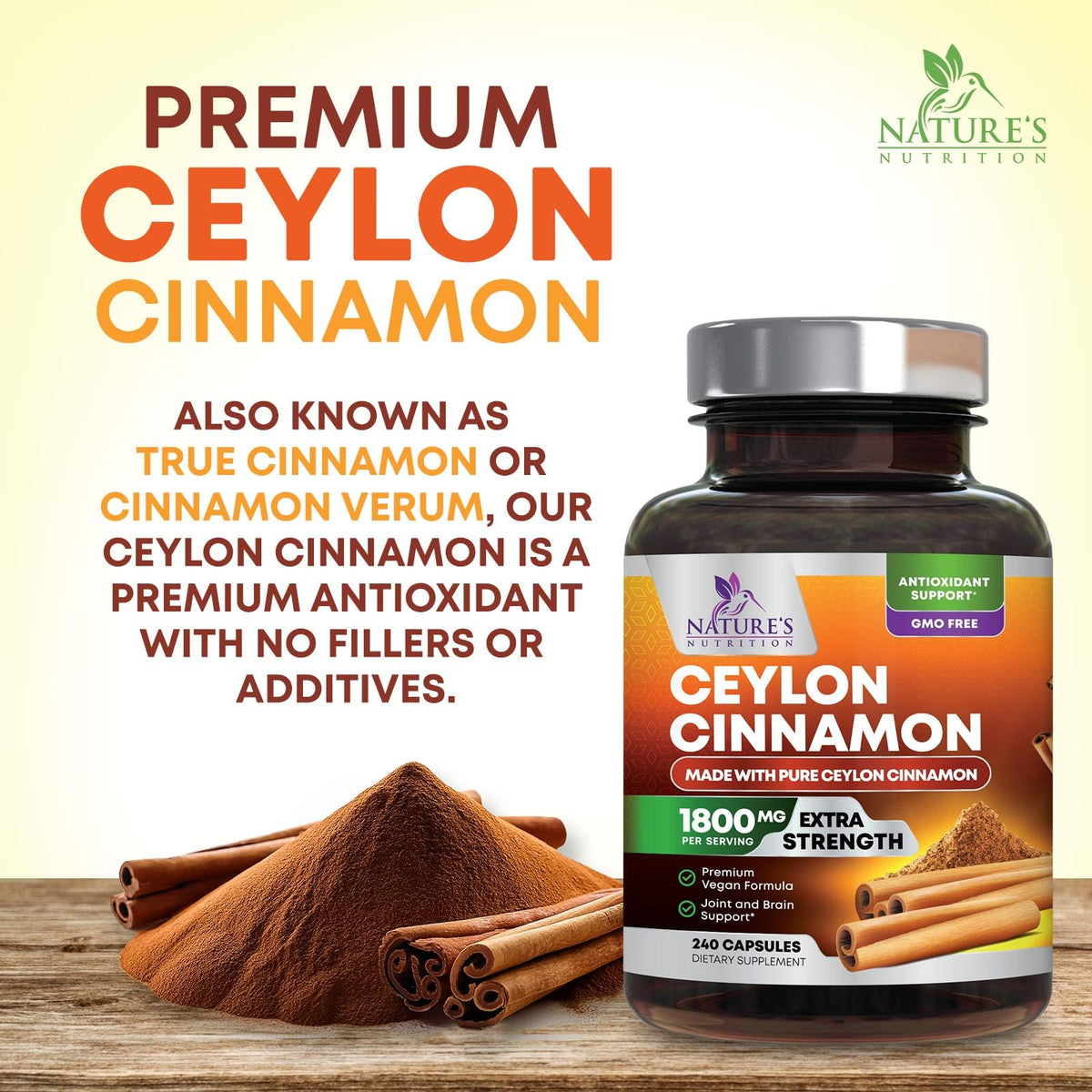 Nature's Nutrition Organic Ceylon Cinnamon Capsules 1800mg - Extra