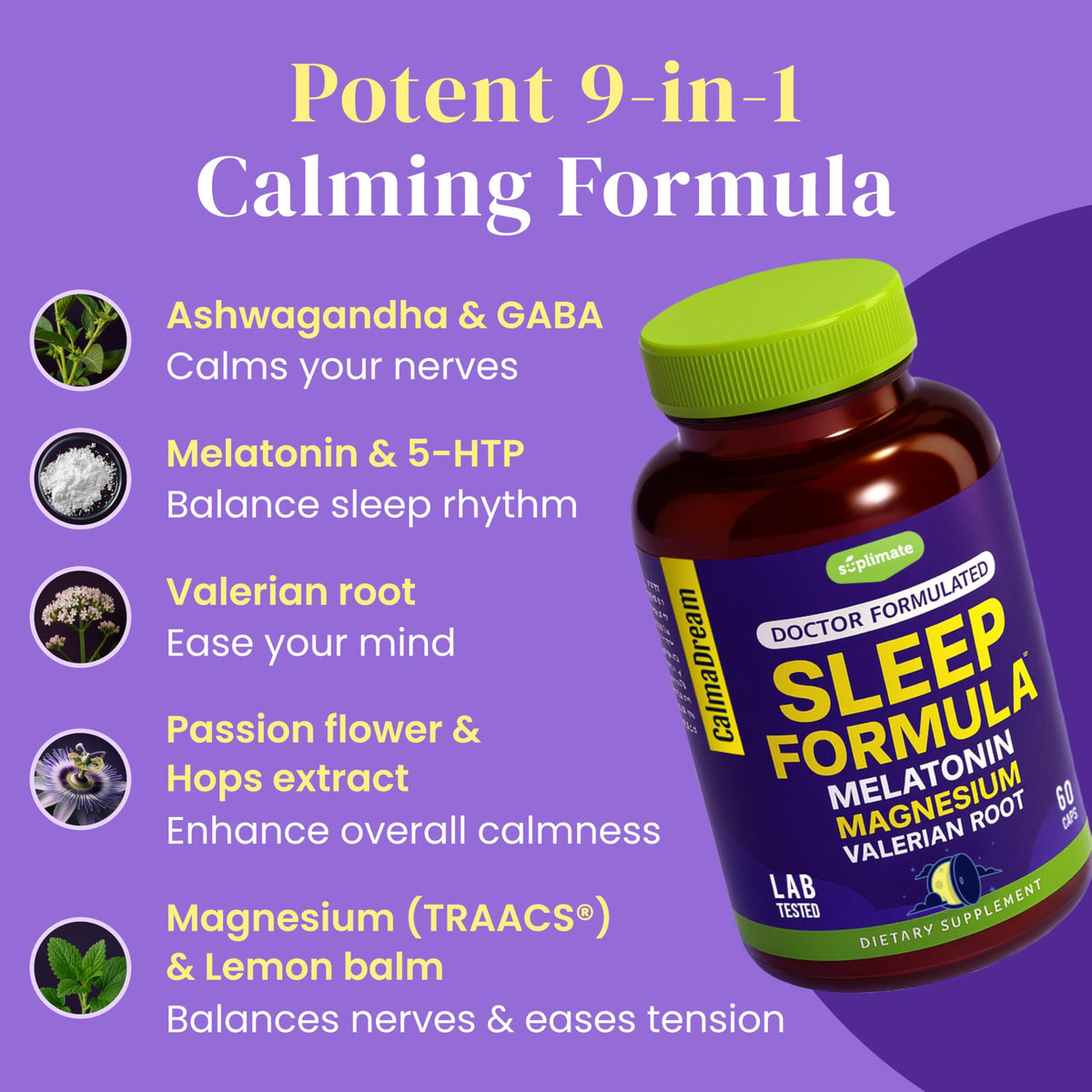 SUPLIMATE Calmadream Natural Sleep Aid Melatonin Magnesium - 60 Capsules - image 3