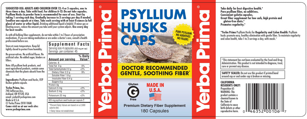 Yerba Prima Psyllium Husks Caps Dietary Fiber 625 mg - 180 Capsules - image 2
