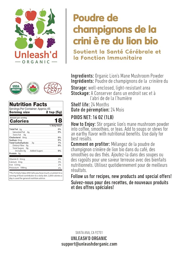 UNLEASH'D ORGANIC Lion's Mane Mushroom Powder - 16 oz - image 2