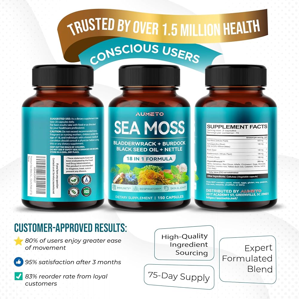 Aumeto Sea Moss Plus 18-in-1 with Black Seed & Bladderwrack - 150 Capsules - image 9