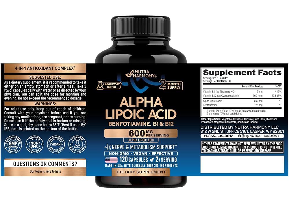 NUTRAHARMONY Alpha Lipoic Acid 600mg - ALA Supplement Antioxidant