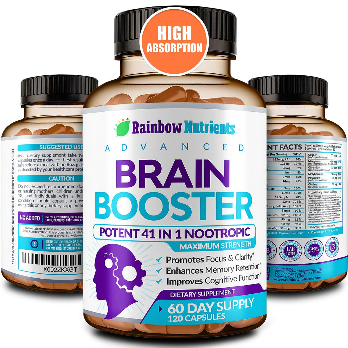 Rainbow Nutrients 40-in-1 Brain Booster Nootropic - 120 Capsules