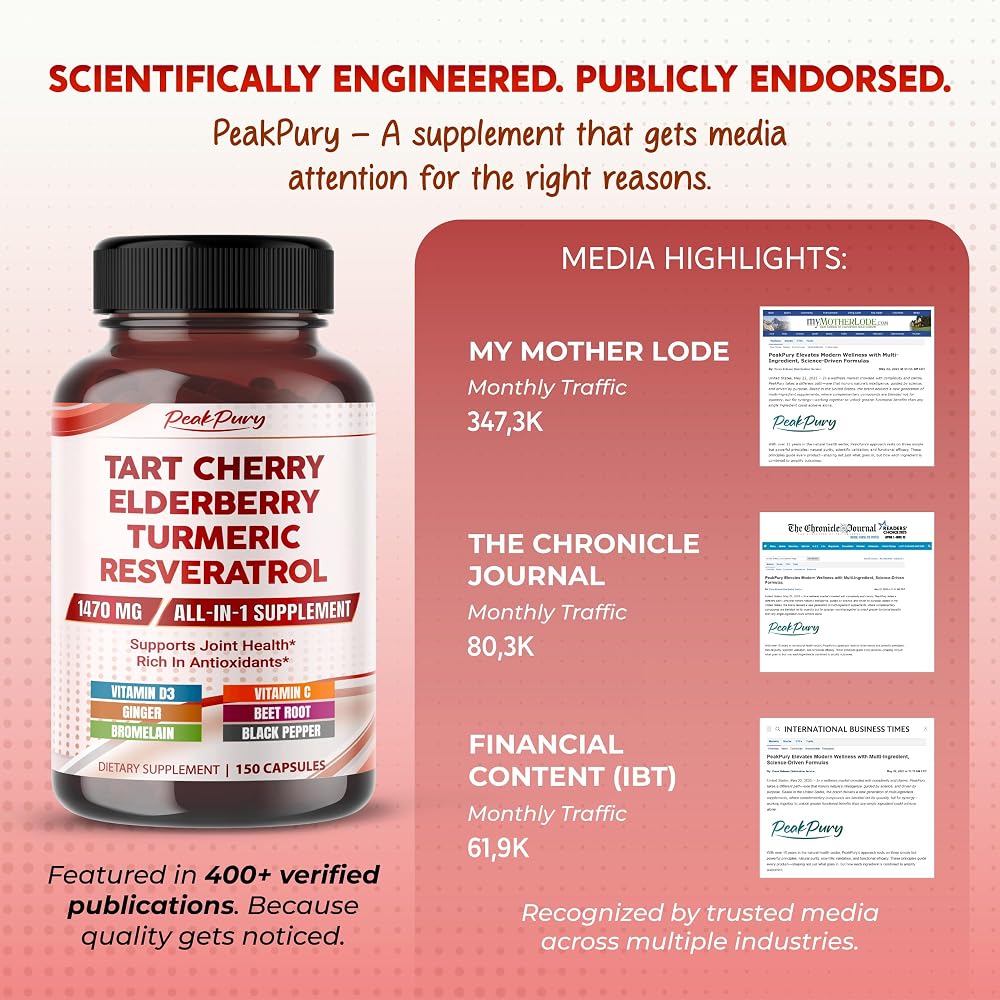 PeakPury Tart Cherry 1470mg Complex with Elderberry & Turmeric - 150 Capsules - image 6