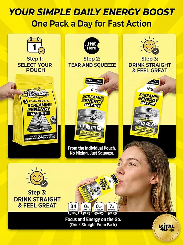 VITAL 4U Screamin Energy Vanilla Latte Energy Shots - 24 Pouches - image 7