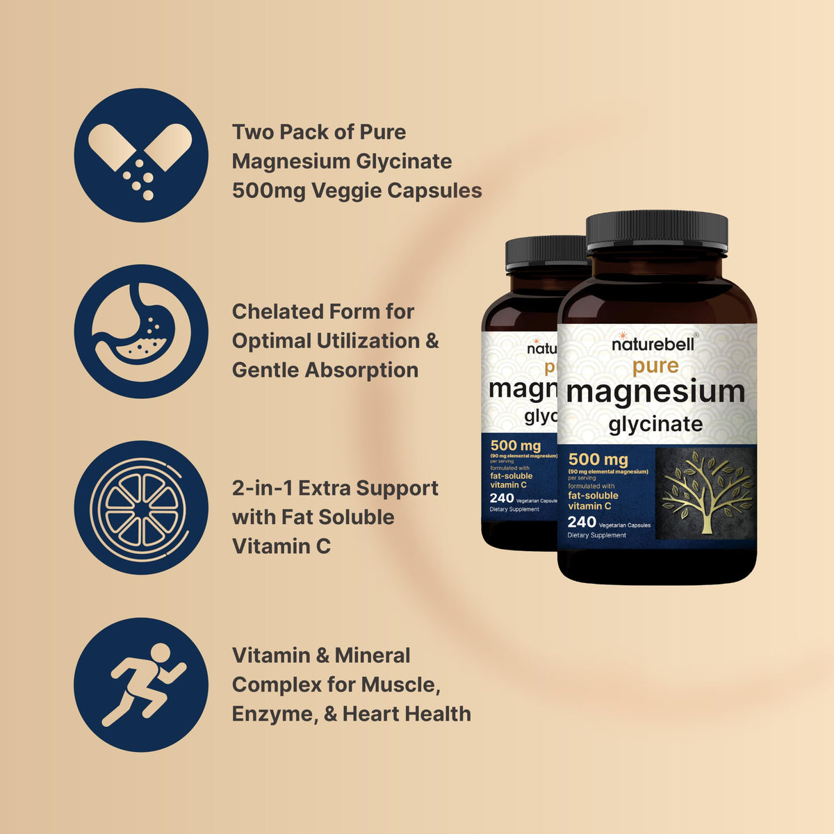 NatureBell Pure Magnesium Glycinate 500mg - 480 Capsules - image 3