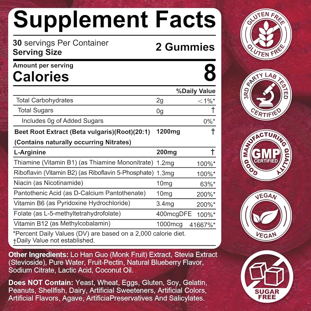 Nextdia Sugar Free Beet Root Gummies with Nitrates + L-Arginine 1400mg