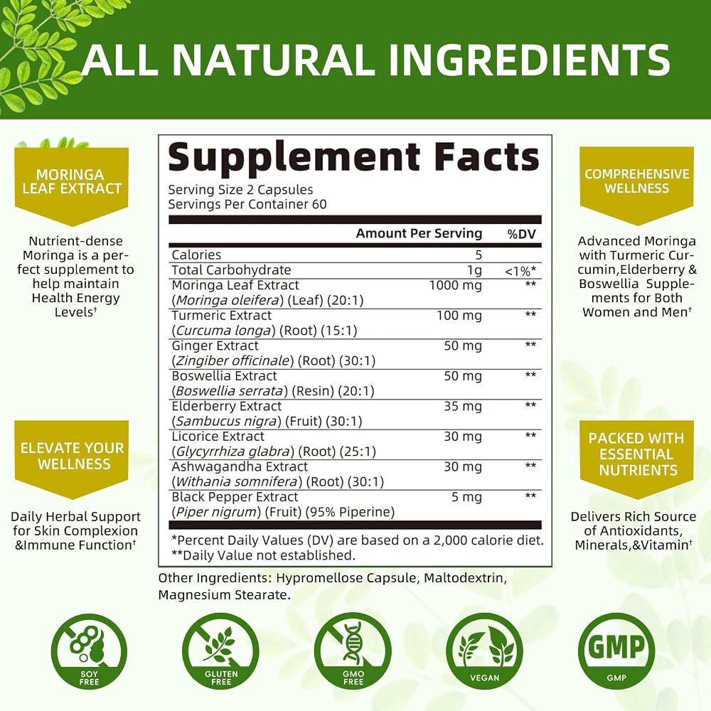 Mulittea Moringa Capsules 1000mg with Ashwagandha & Turmeric - 120 Capsules - image 5