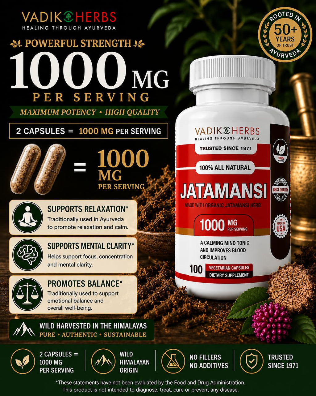 Vadik Herbs Jatamansi Capsules 1000mg for Sleep - 100 Vegetarian Capsules - image 2