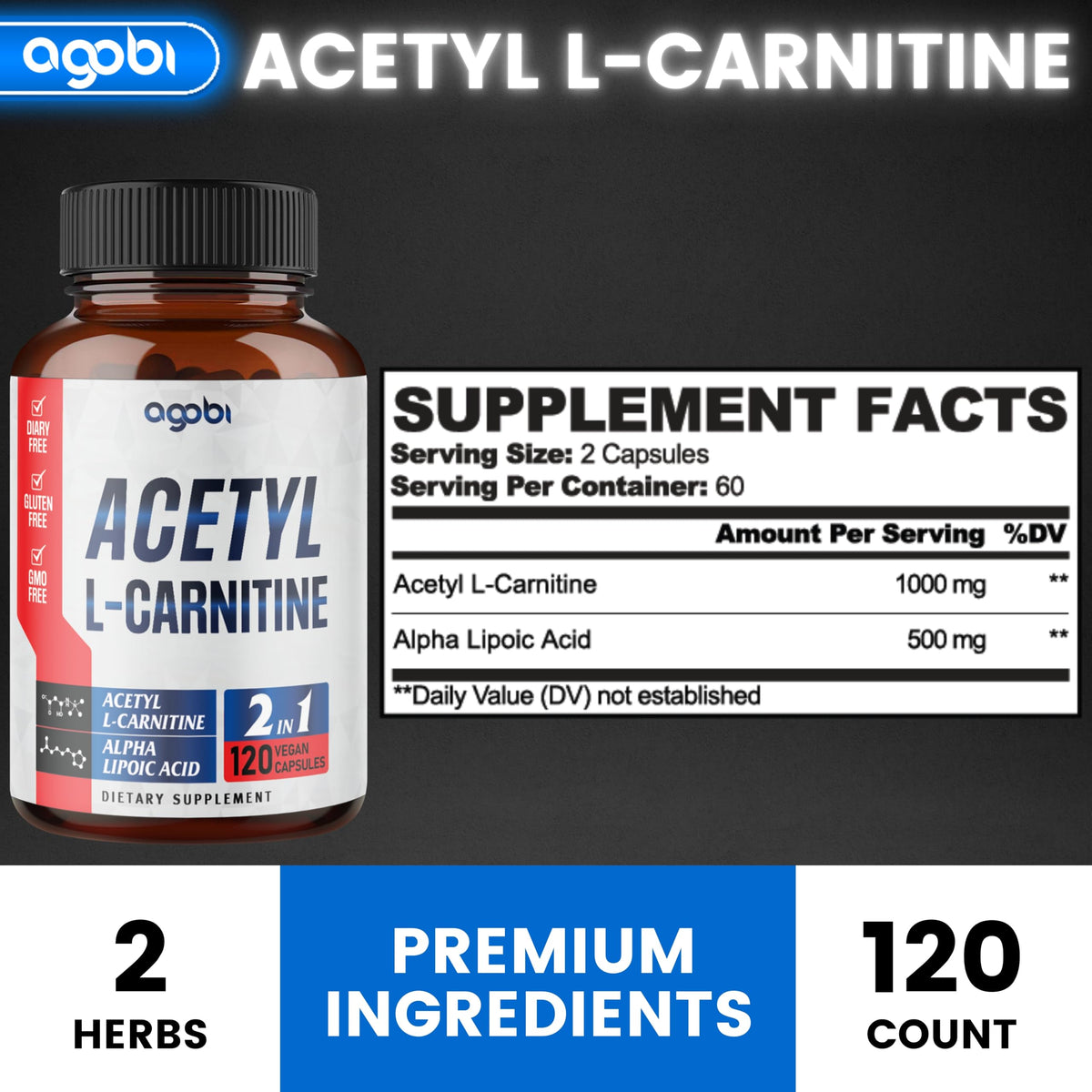 agobi Acetyl L-Carnitine & Alpha Lipoic Acid Complex 1500mg - 120 Capsules - image 2